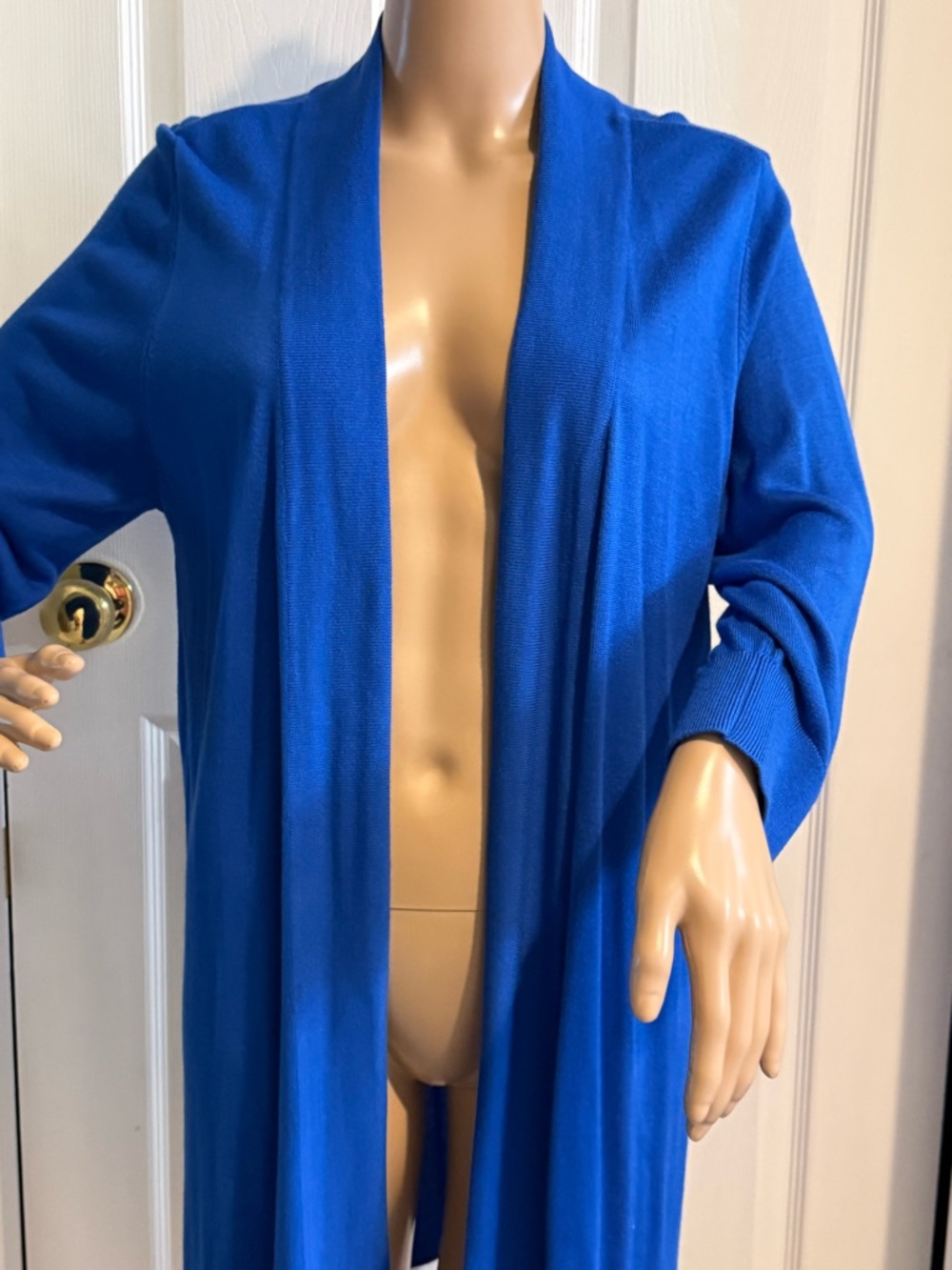 Chicos Size 2 L Long Open Cardigan Duster Lightweight Blue Tight Knit Comfy - Picture 2 of 13